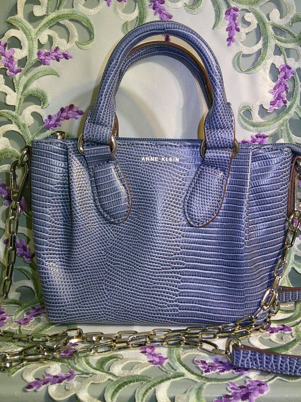 Anne Klein Slate Blue Lizard-Embossed Crossbody Bag Satchel w Chain Strap NWOT